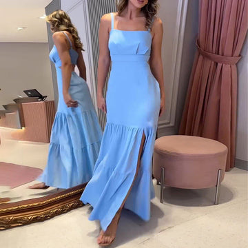 Summer New Women's Back Hollow Solid Color Tie Dress